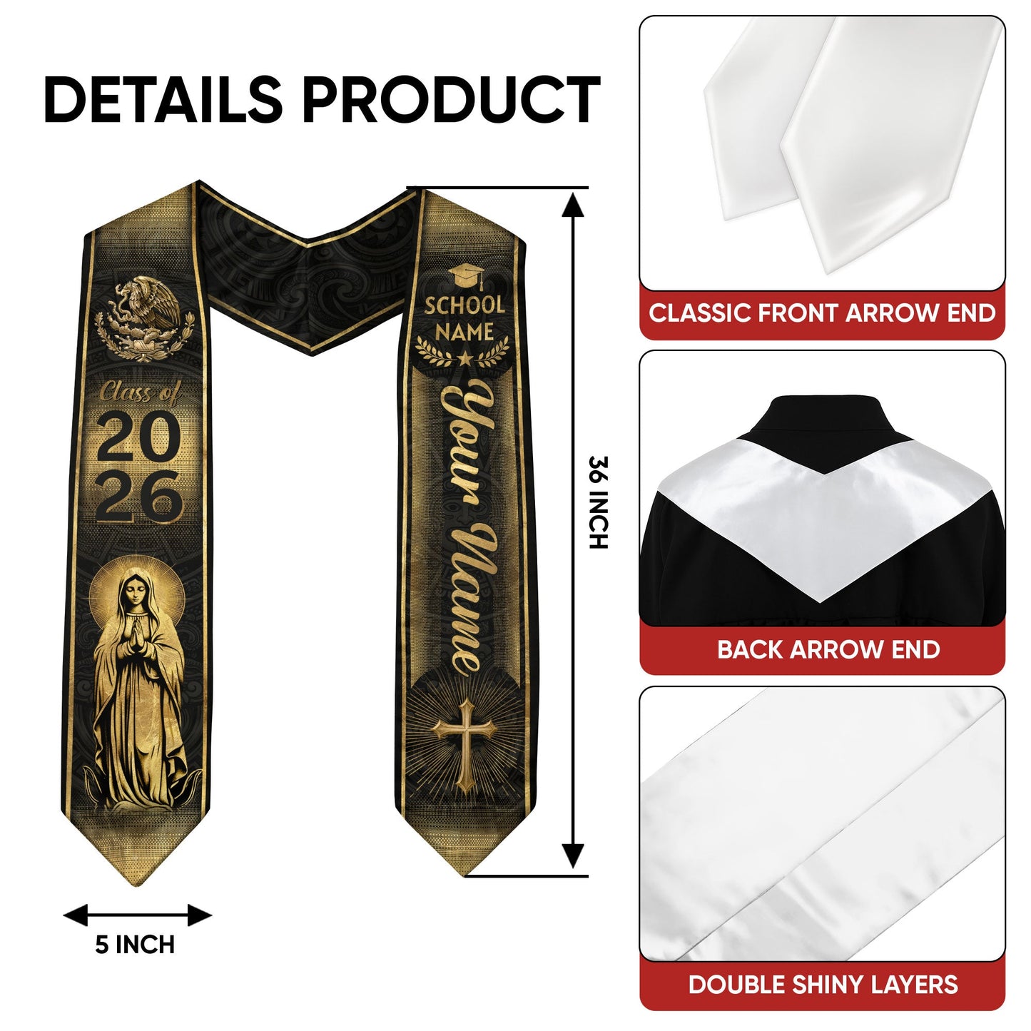 Mexican Graduation Stole Aztec Eagle Virgin Mary Cross Gold Custom Sash 2026
