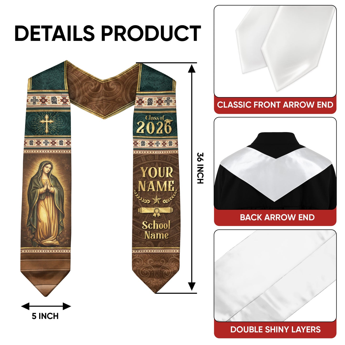 Mexican Graduation Stole Aztec Pattern Virgin Mary Cross Tribal Custom Sash 2026