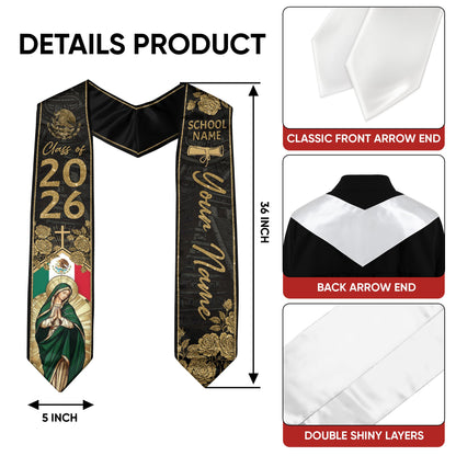 Mexican Graduation Stole Aztec Eagle Virgin Mary Rose Flag Custom Sash 2026