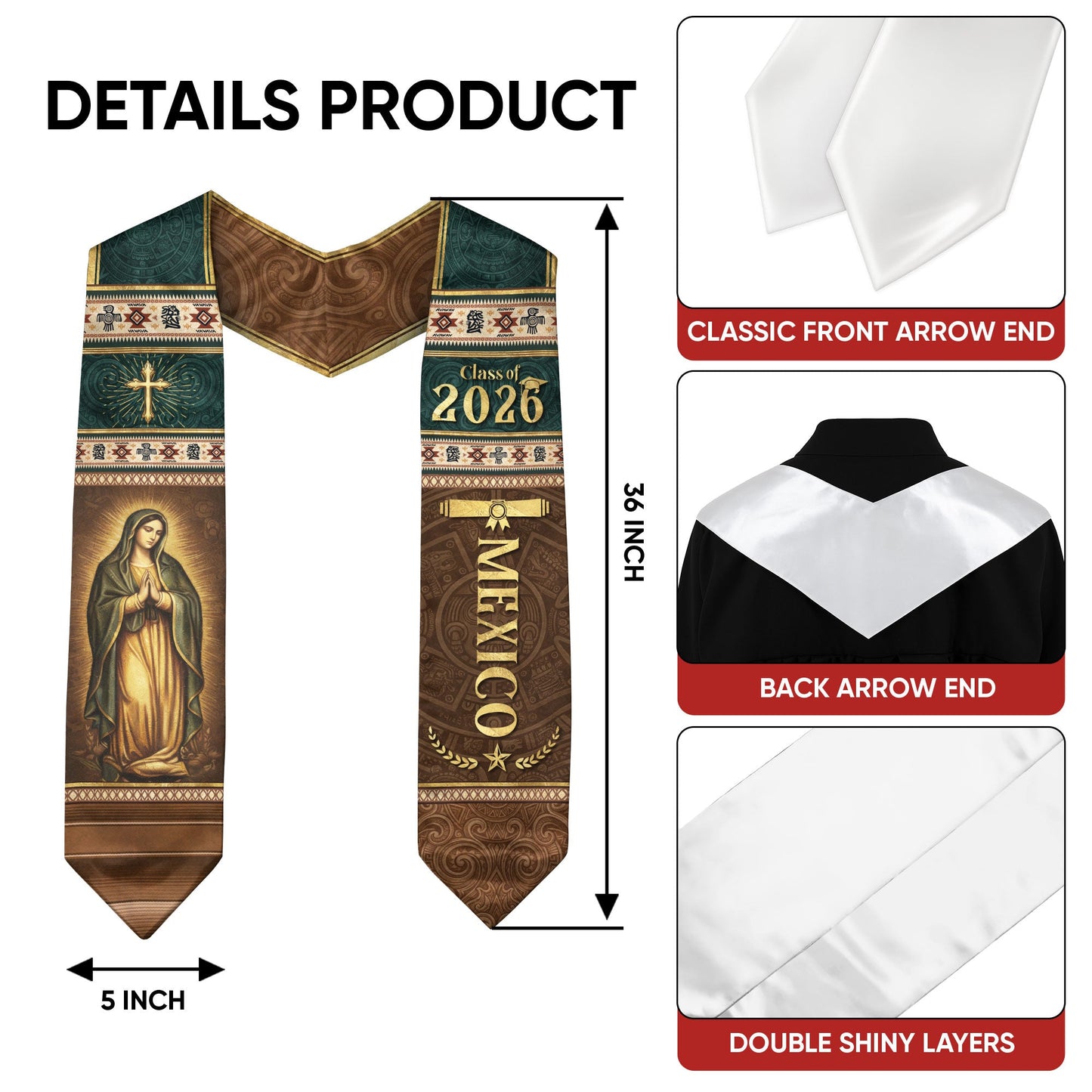 Mexican Graduation Stole Mexico Sash Aztec Pattern Virgin Mary Cross Class 2026
