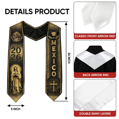 Mexican Graduation Stole Mexico Sash Aztec Eagle Virgin Mary Cross Class 2026