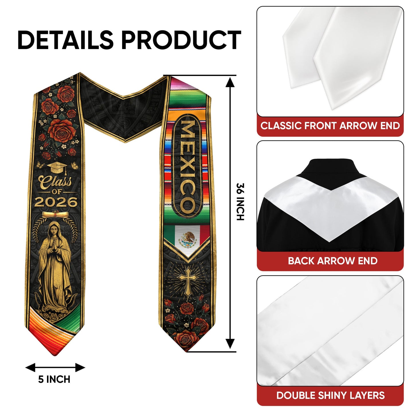 Mexican Graduation Stole Mexico Sash Aztec Roses Virgin Mary Cross Class 2026