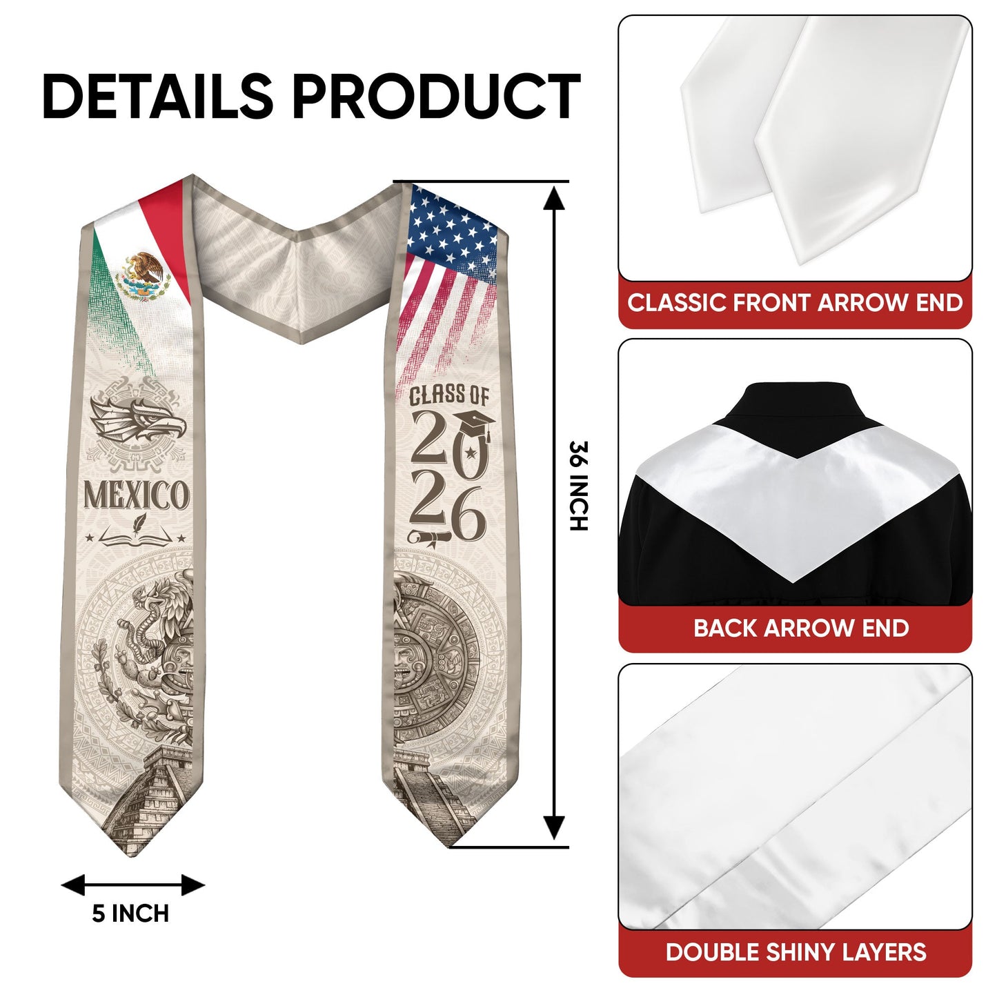 Mexican Graduation Stole Mexico USA Flag Aztec Calendar Eagle Pyramid 2026