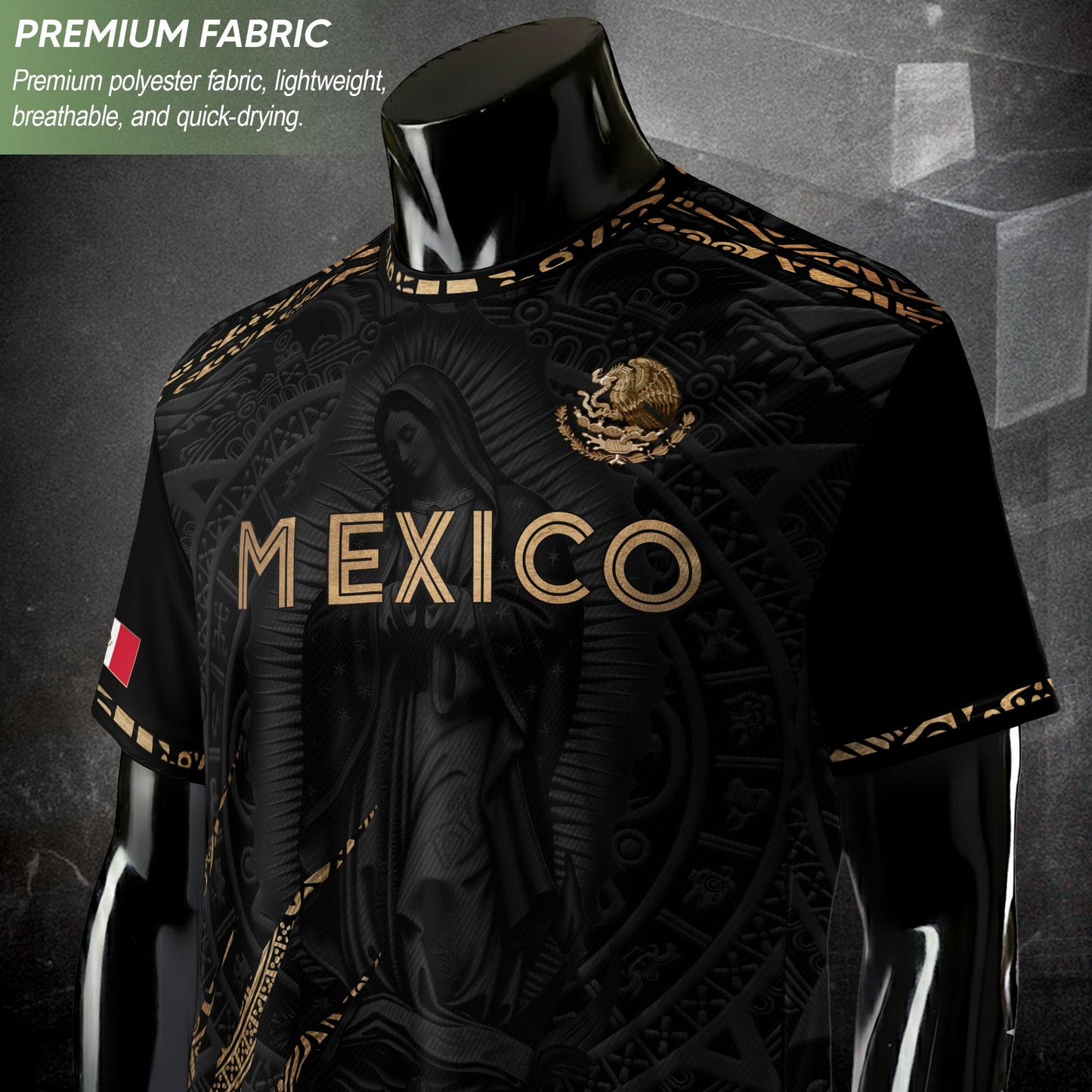 Mexico Heritage Orgullo Mexicano Black Gold Virgin Mary Guadalupe Catholic Soccer Jersey