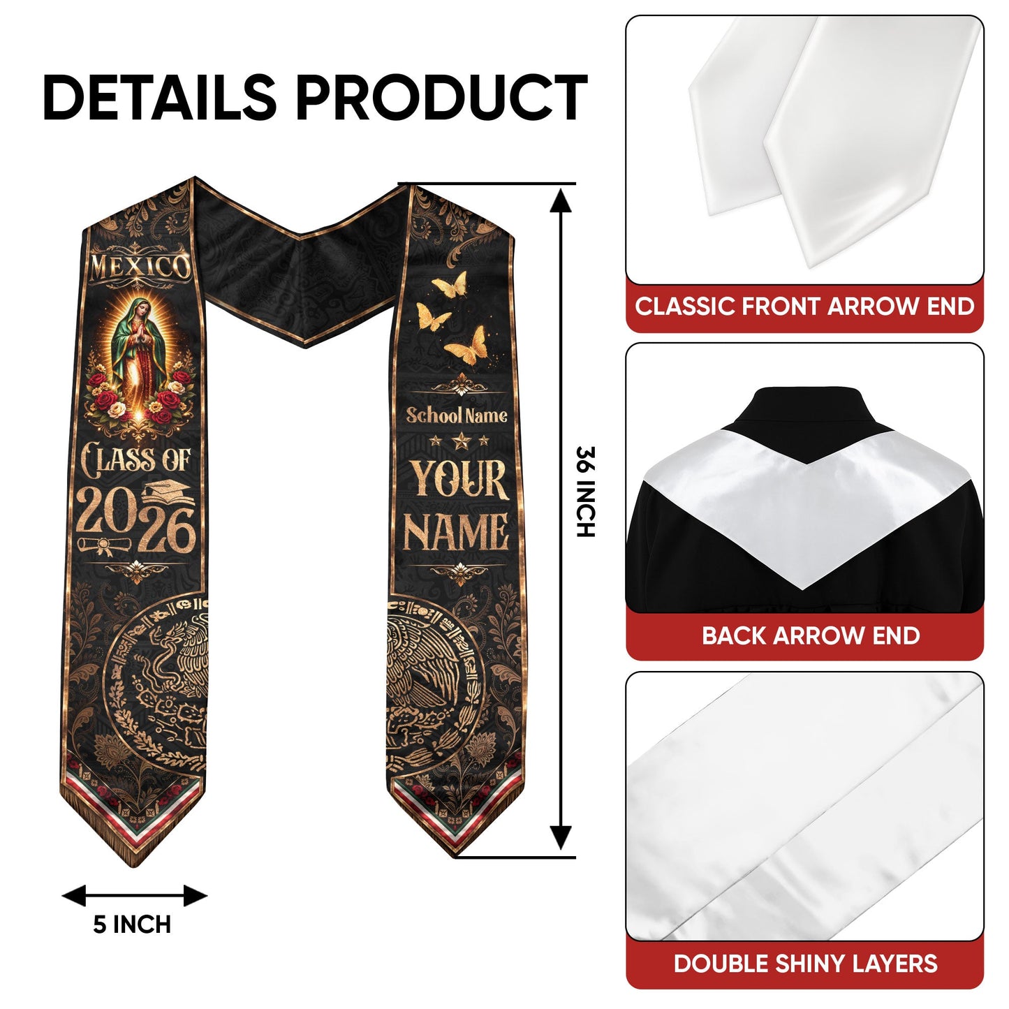 Mexican Graduation Stole 2026 Custom Mexican Graduation Sash, Mexican Flag Sash Mexico