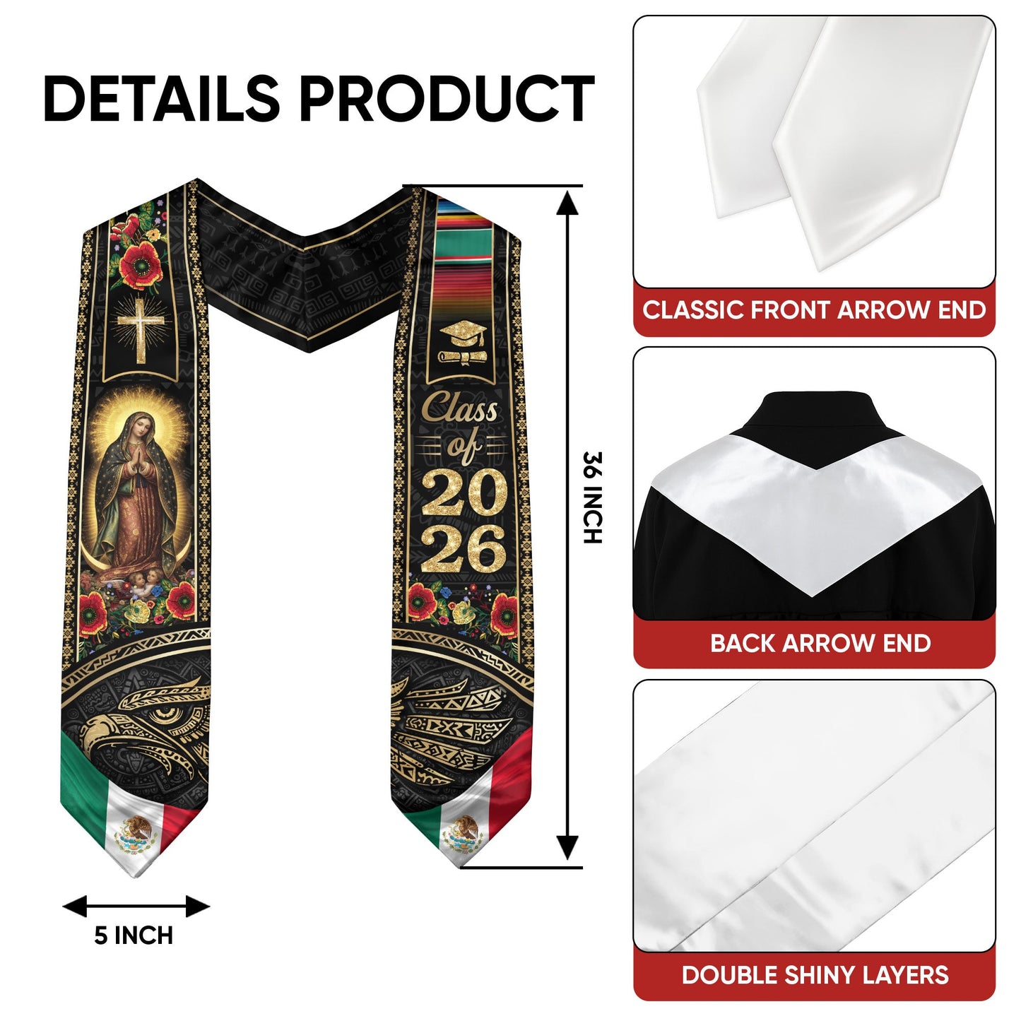 Mexican Graduation Stole Class of 2026 Aztec Eagle Cross Virgin Mary Floral Mexico Flag Sash