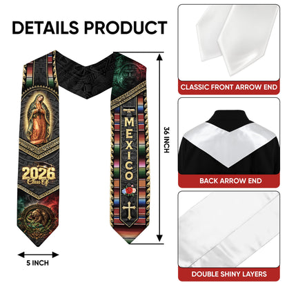 Mexican Graduation Stole Class of 2026 Aztec Virgin Mary Eagle Cross Serape Mexico Flag Sash