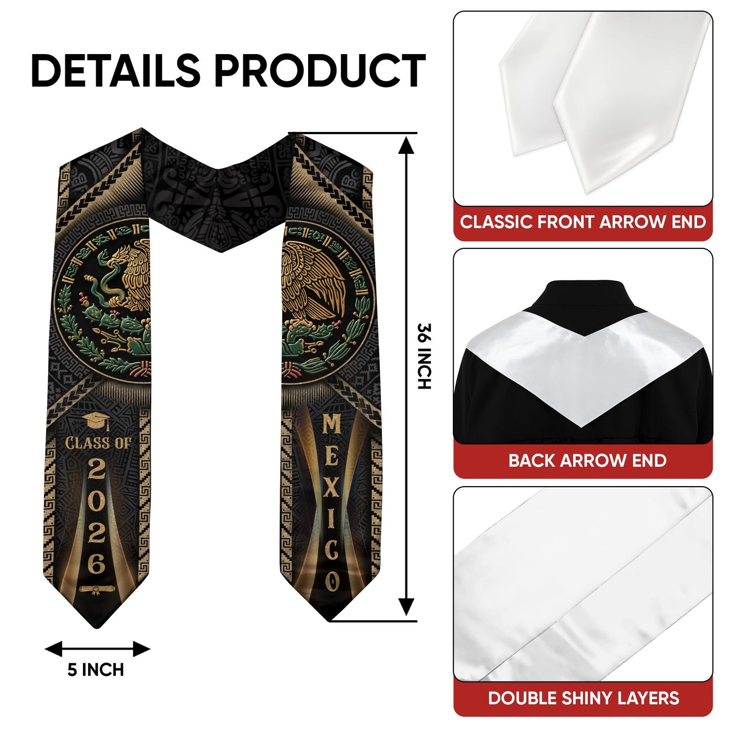 Mexican Graduation Stole Class of 2026 Aztec Calendar Eagle Emblem Gold Mexico Sash