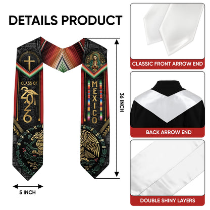 Mexican Graduation Stole Class of 2026 Aztec Calendar Eagle Cross Virgin Mary Mexico Sash