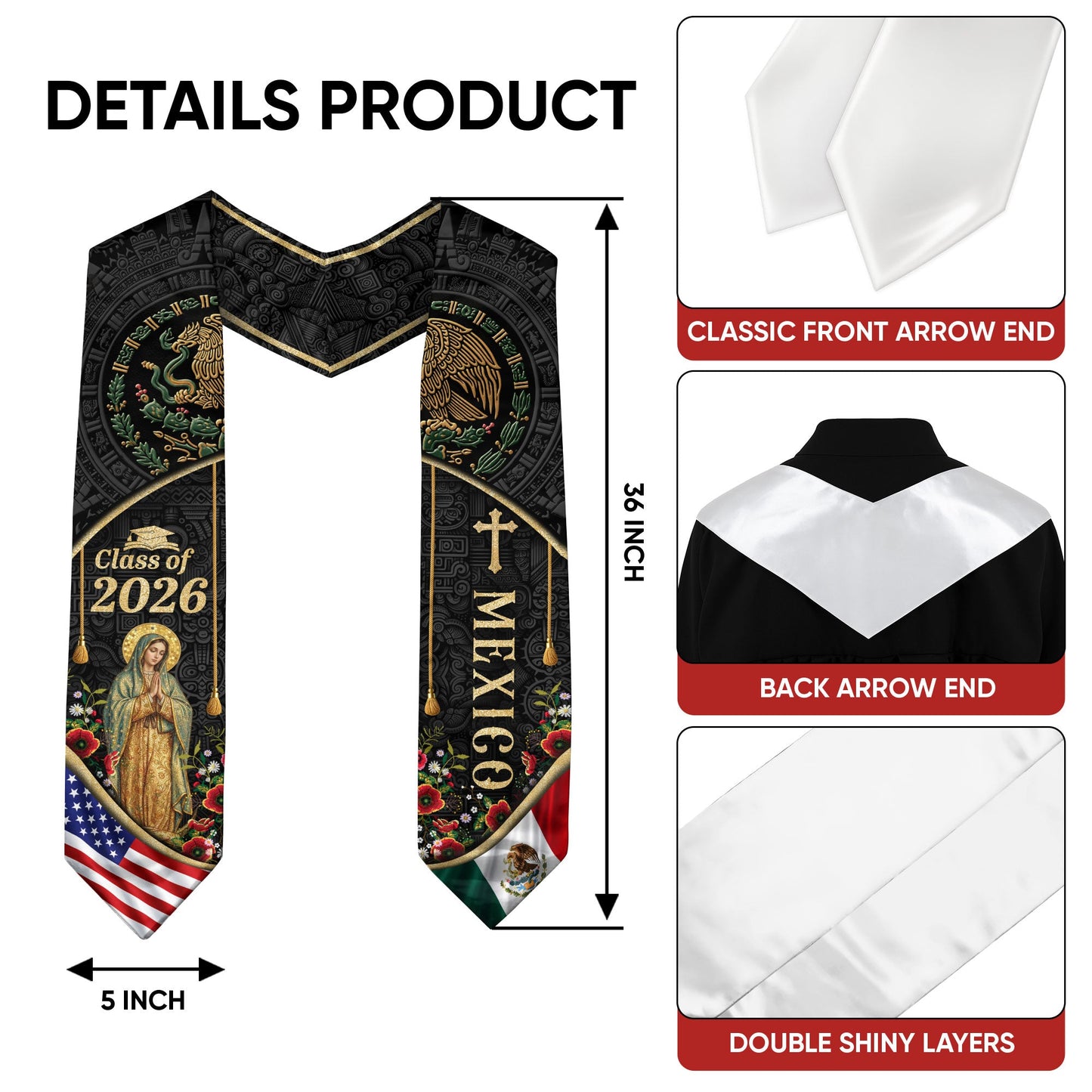 Mexican American Graduation Stole 2026, Virgin Mary & Eagle Heritage Serape