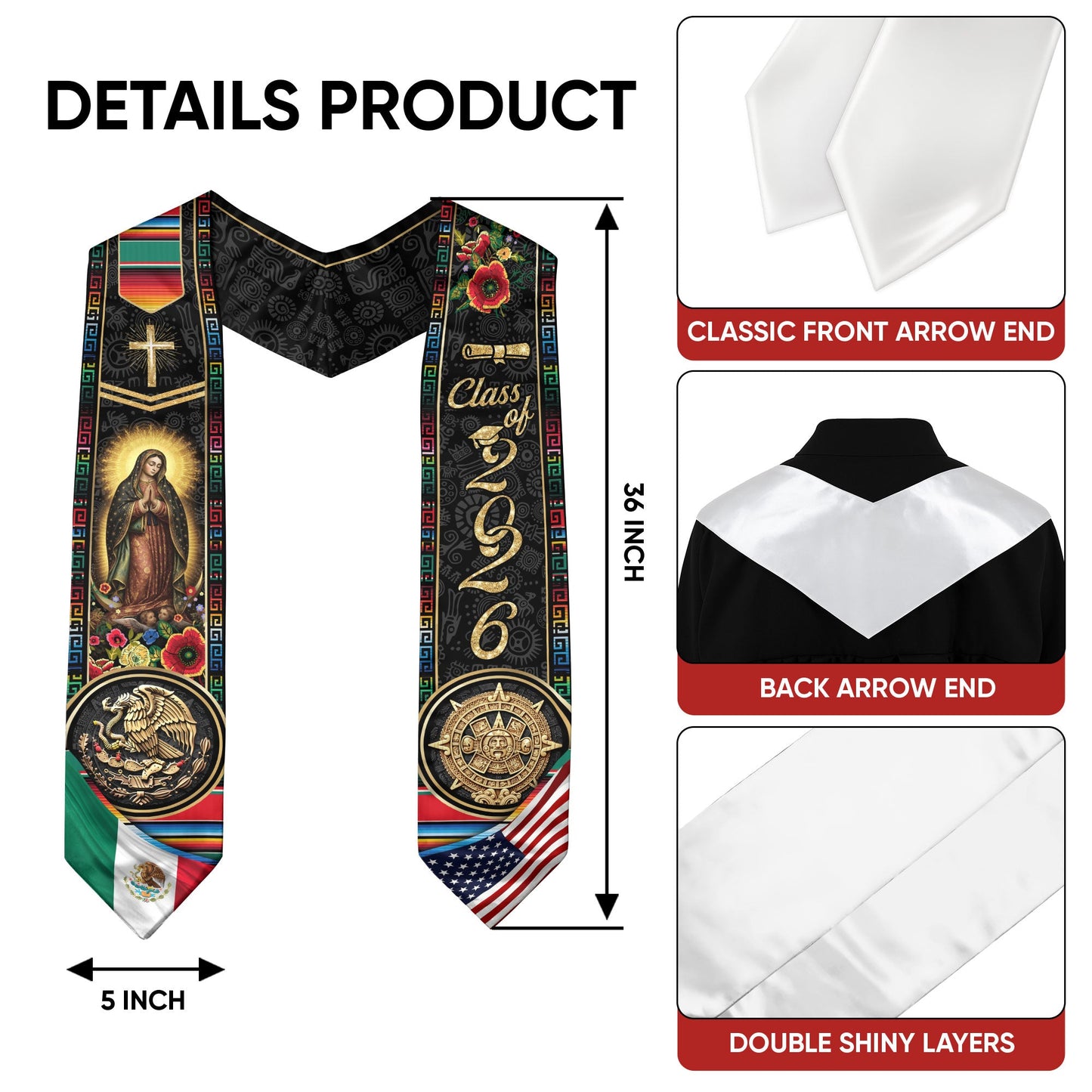 Class of 2026 Mexico Graduation Stole, Eagle & Aztec Sun Stone Heritage Serape