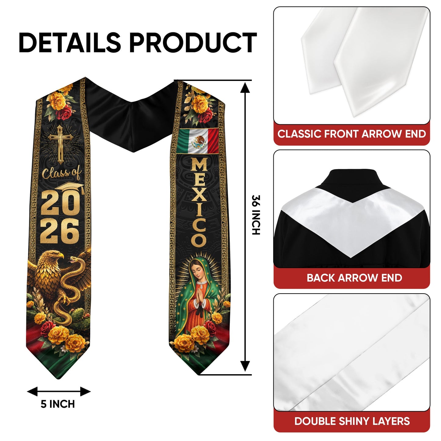 Mexican Graduation Stole Class of 2026 Mexican American Flag Sash Stoles for Graduation