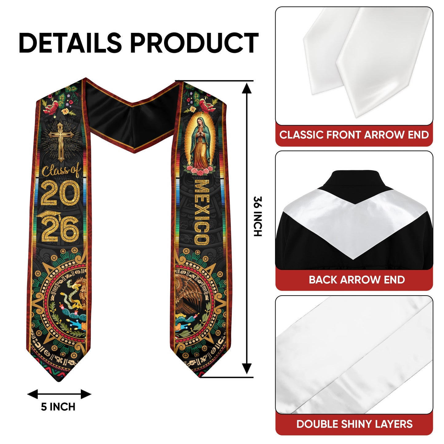 Mexican Sash Graduation Stole Class of 2026 Mexican American Flag Stoles for Graduation