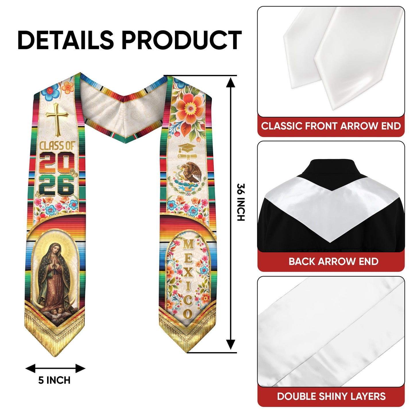 Mexico Graduation Stole Class of 2026 – Virgen De Guadalupe Mexican Sash Gift
