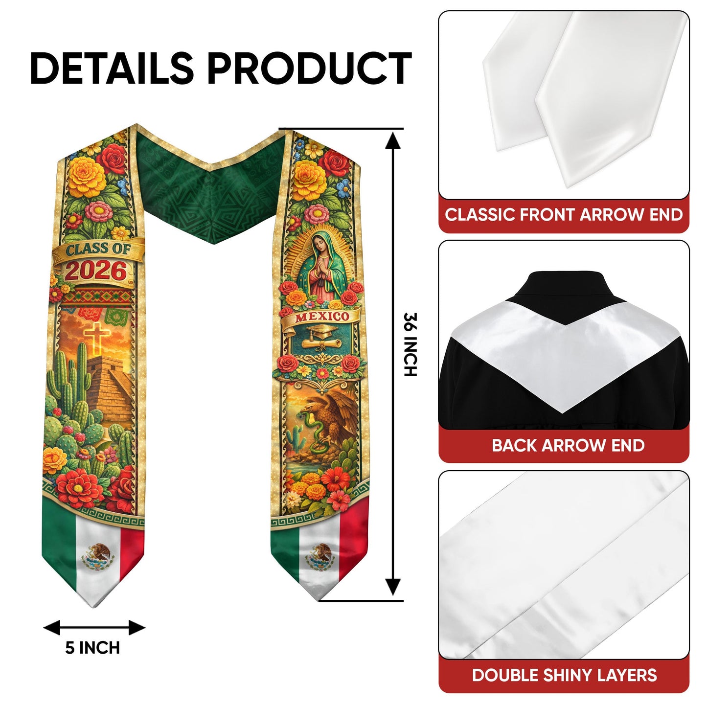 Mexico Graduation Stole Class of 2026 – Virgen Guadalupe Eagle Mexican Sash