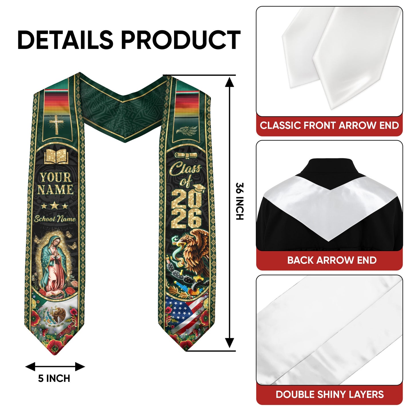 Custom Mexico USA Graduation Stole 2026 Virgin of Guadalupe Eagle Mexican American Heritage Sash