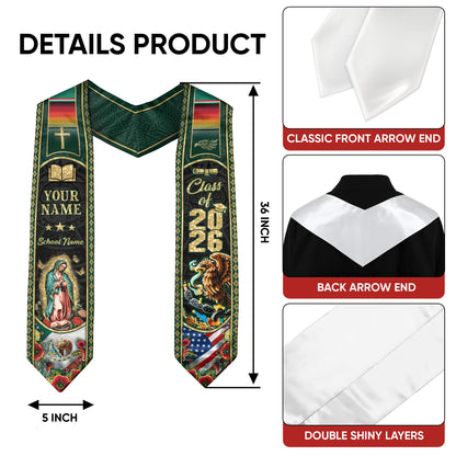 Custom Mexico USA Graduation Stole 2026 Virgin of Guadalupe Eagle Mexican American Heritage Sash