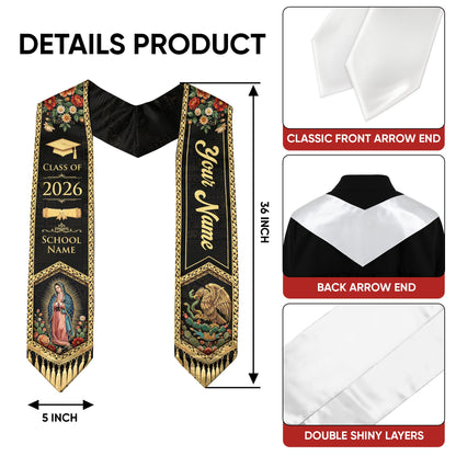 Mexico Graduation Stole Custom Name Class of 2026 Virgin Mary Aztec Eagle Heritage Sash