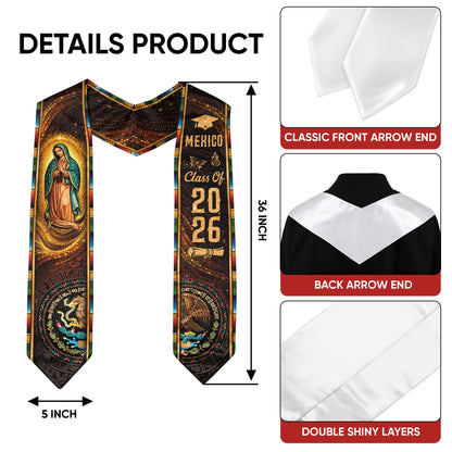 Mexico Graduation Stole Class of 2026 Virgin of Guadalupe Aztec Calendar Serape Sash