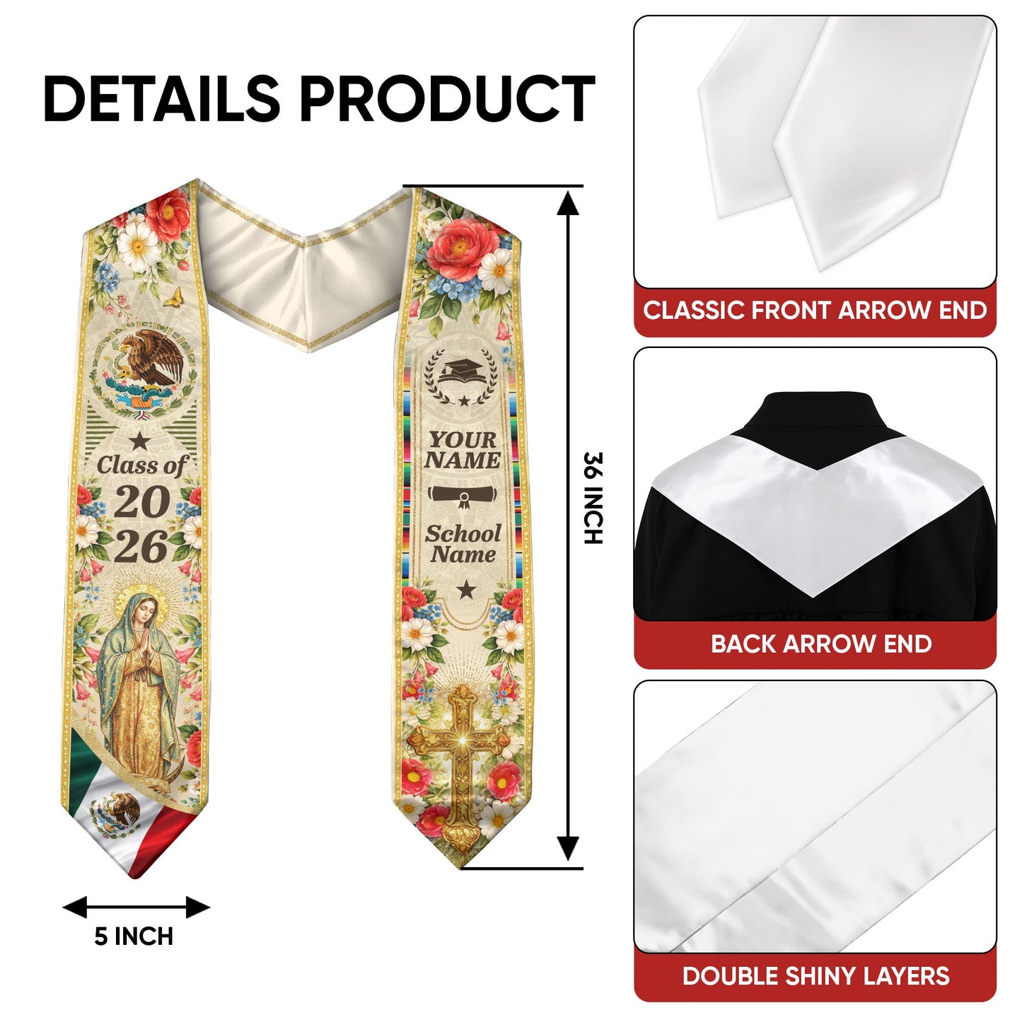Personalized Mexican Graduation Stole - Class of 2026 Custom Name Floral Aztec Sash