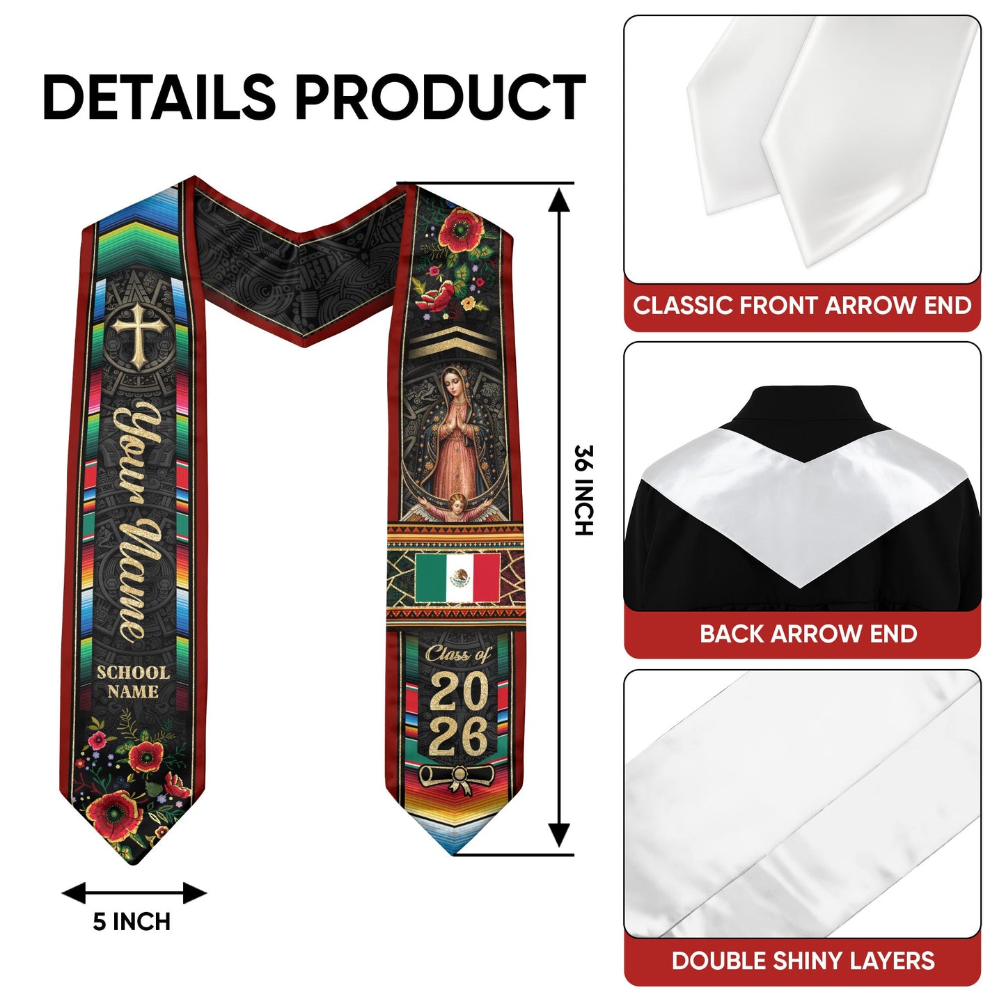 Custom Mexico Graduation Stole 2026 - Mexican Red Serape & Virgin of Guadalupe Sash