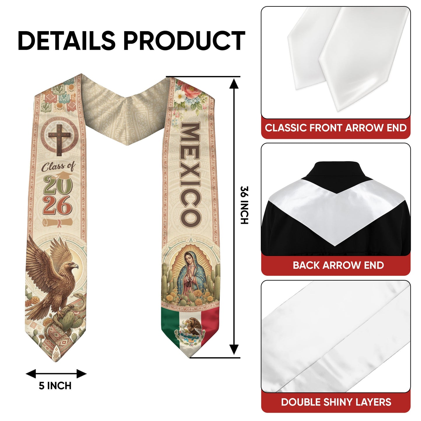 Mexico Graduation Stole 2026 Eagle Cactus Virgin Mary Cross Vintage Catholic Design