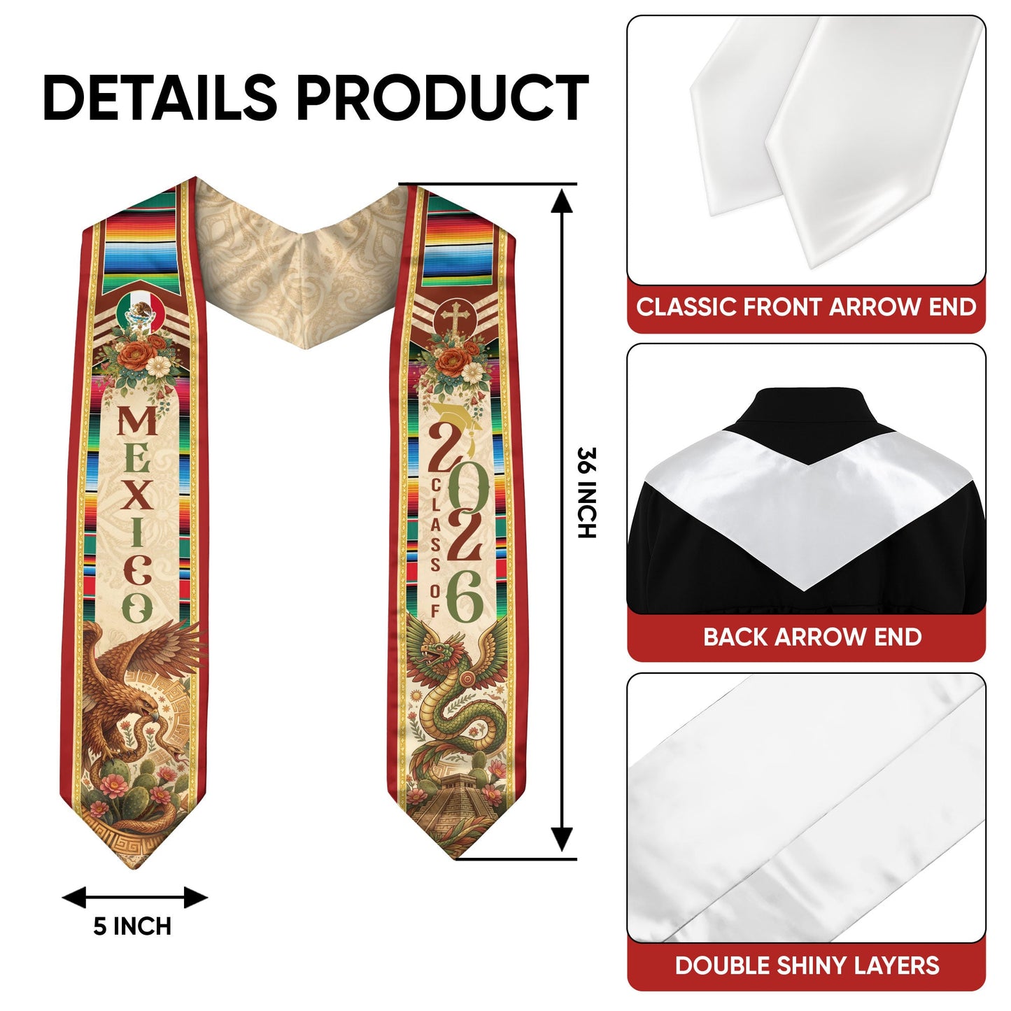 Mexico Graduation Stole 2026 Eagle Serpent Aztec Pyramid Serape Cultural Heritage Design