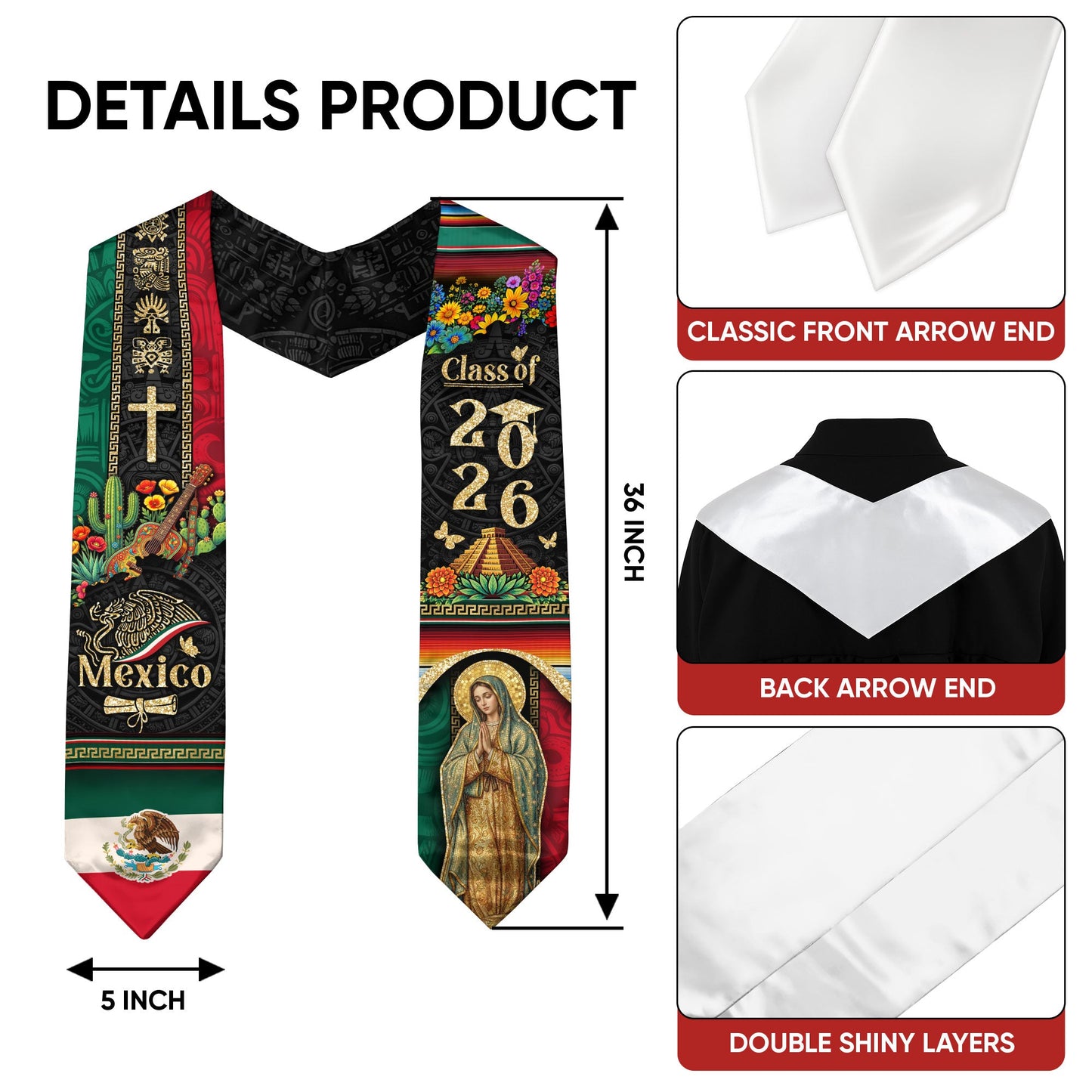 Mexico Graduation Stole 2026 Virgen de Guadalupe Cross Cactus Guitar Aztec Cultural Design