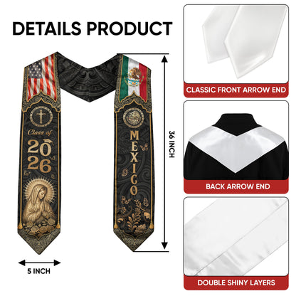 Mexico Graduation Stole Class of 2026 - Virgin Mary Gold Heritage Catholic Sash