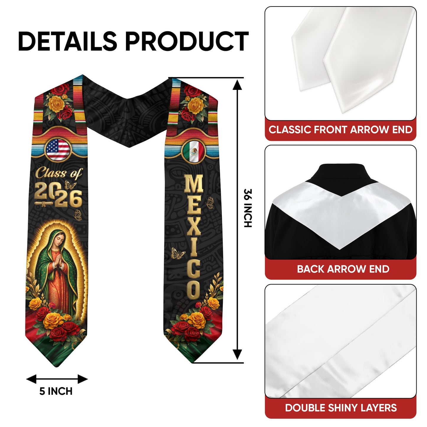 Mexico US Flag Graduation Stole 2026 - Virgin Mary Floral Serape Heritage Sash