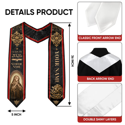 Personalized Mexico Flag Graduation Stole 2026 Our Lady of Guadalupe Gold Baroque Sash