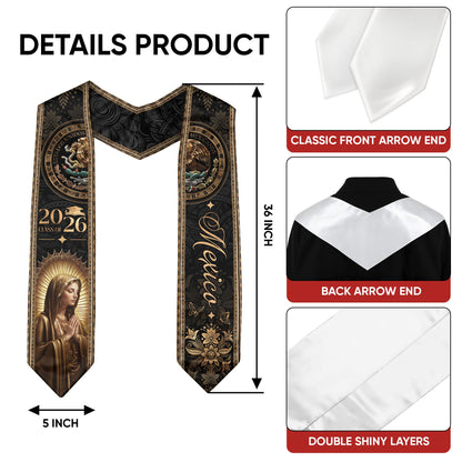 Mexico Graduation Stole Class of 2026 Virgin Mary Guadalupe Black Gold Gift Sash