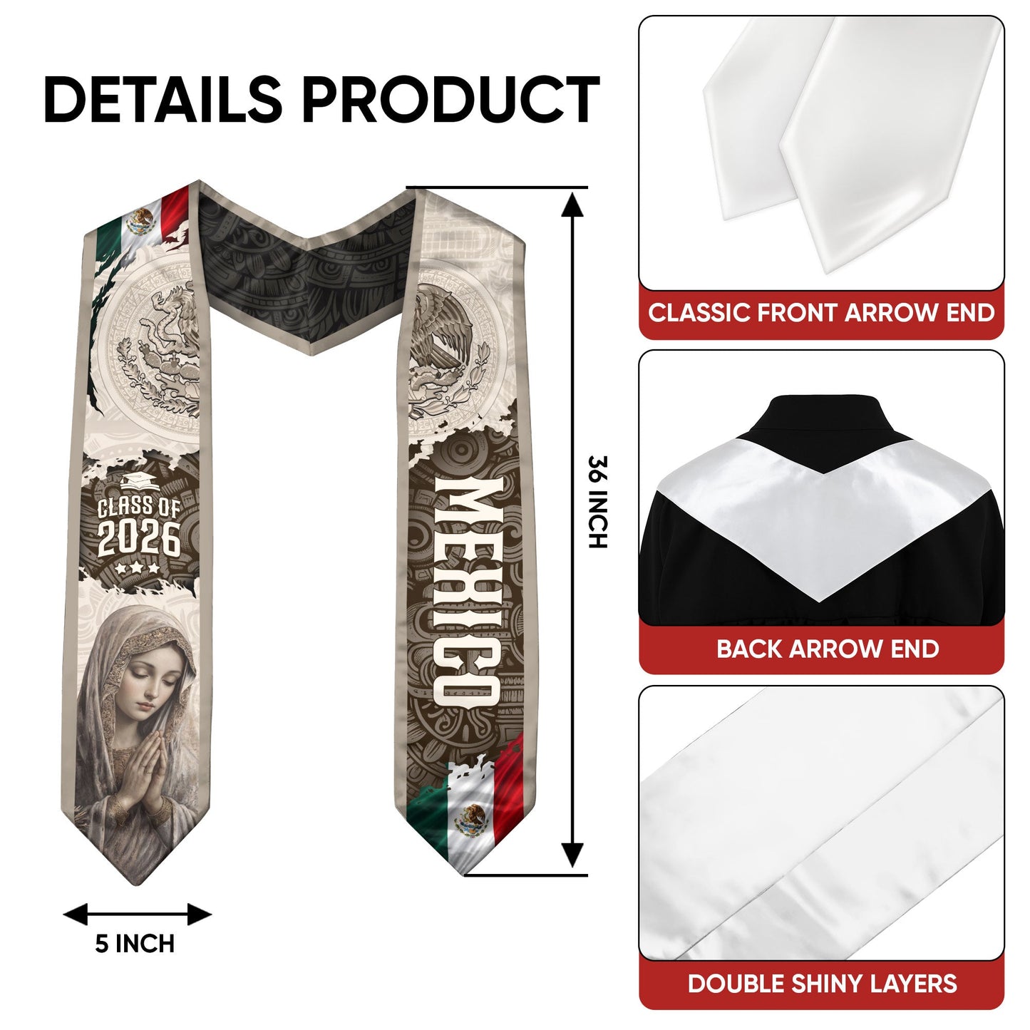 Mexico Graduation Stole Class of 2026 Virgin Mary Guadalupe Heritage Sash Gift