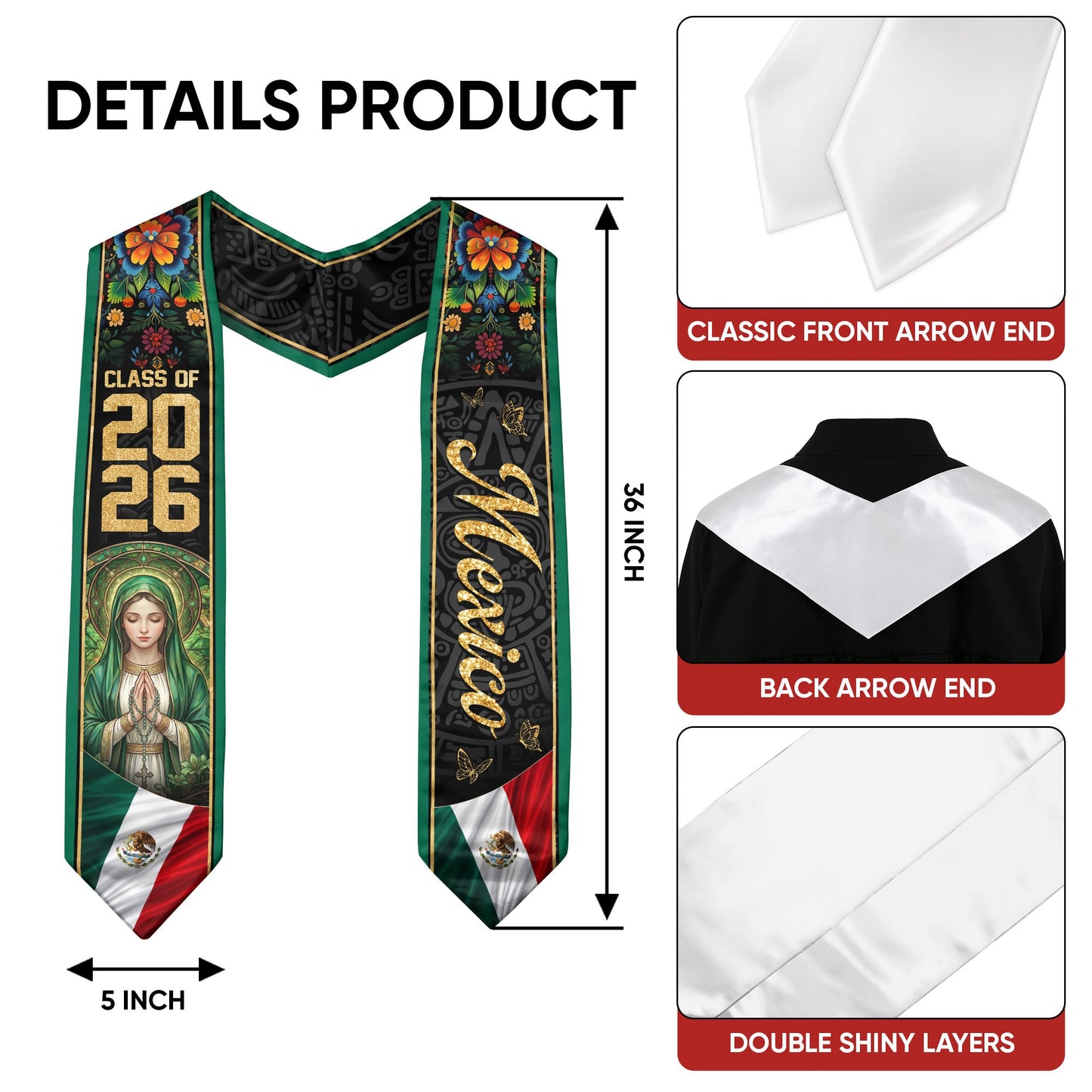 Mexico Graduation Stole 2026 Virgin Mary Floral Green Heritage Sash Gift