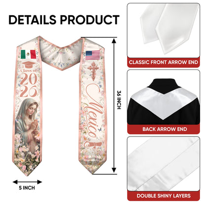 Mexican American Graduation Stole 2026 Virgin Mary Mexico USA Flag Floral Sash