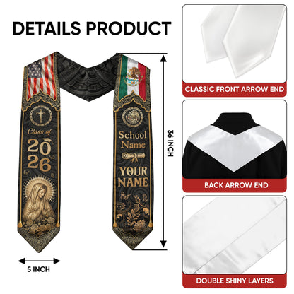 Mexico Graduation Stole Custom Name Class of 2026 USA Flag Virgin Mary Heritage Sash