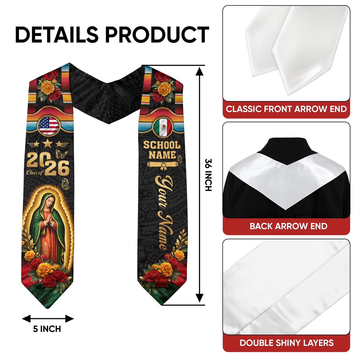 Mexican Graduation Stole 2026 – Virgin Mary, USA & Mexico Flag, Name & School Personalized Sash