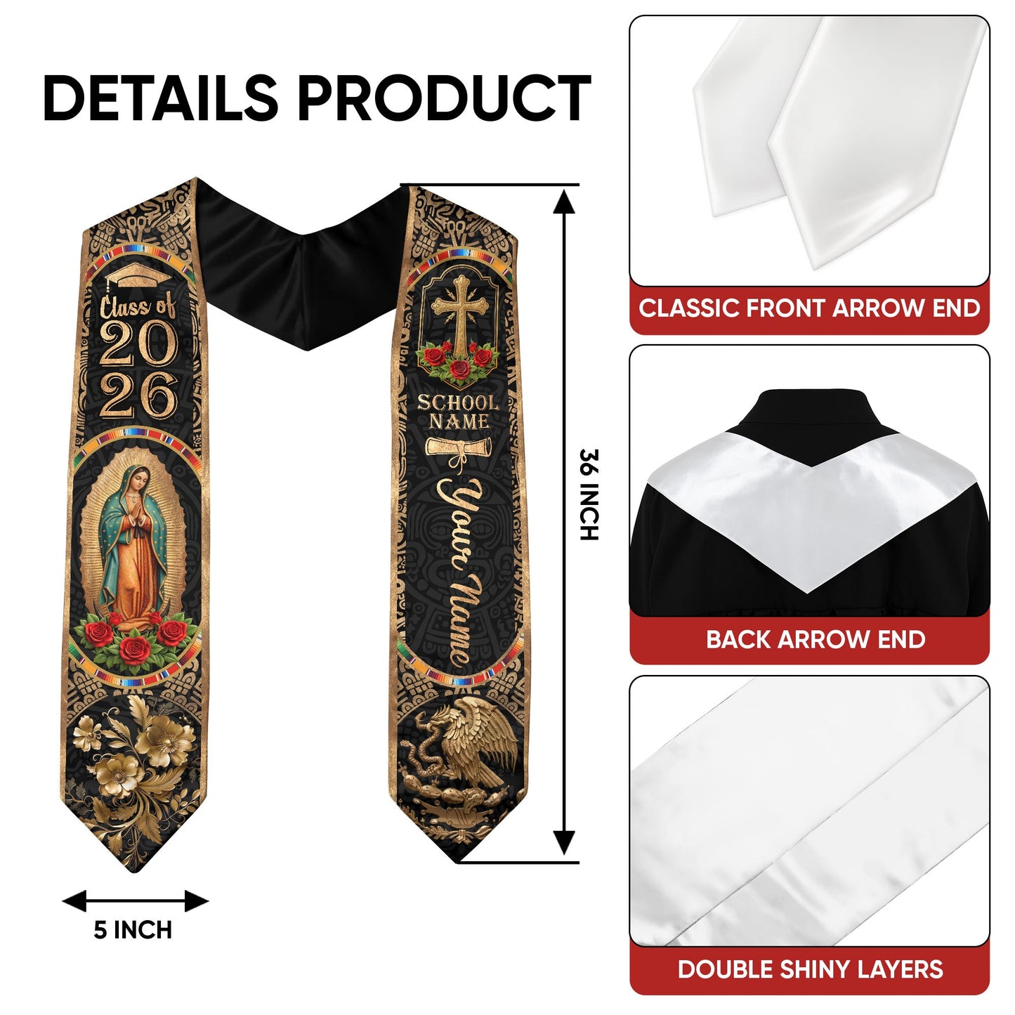 Custom Mexican Graduation Stole 2026 - Our Lady of Guadalupe & Eagle Heritage Sash