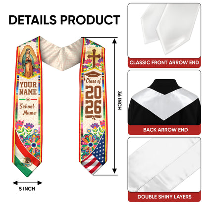 Mexican American Graduation Stole 2026 - Personalized Name Mexico USA Flag Sash