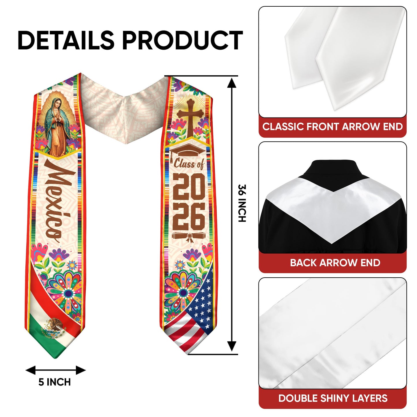 Mexico USA Flag Graduation Stole 2026 - Mexican American Heritage Graduation Sash