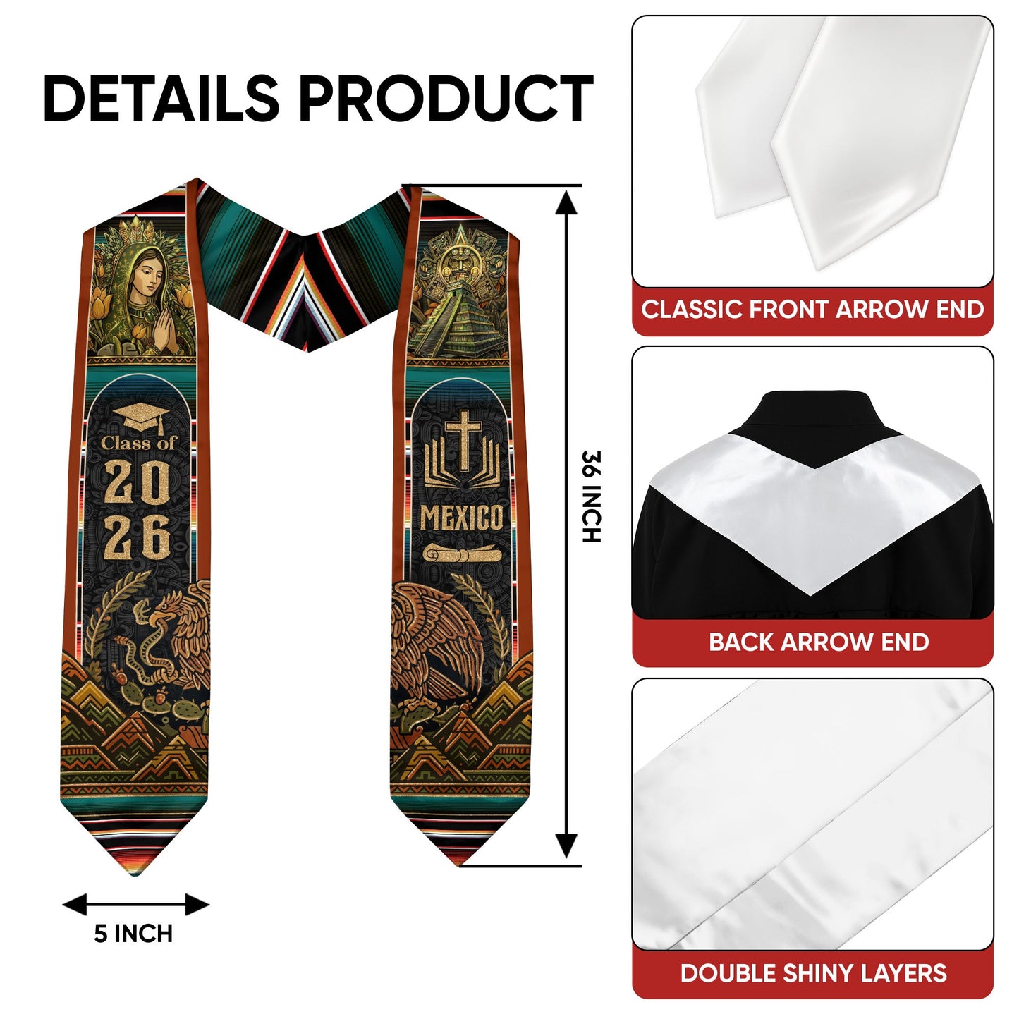 Mexican Heritage Graduation Stole 2026 - Serape & Aztec Pyramid Graduation Sash