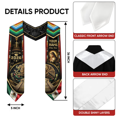 Mexican Graduation Stole 2026 – Virgin Mary, Eagle, Aztec Design, Name & School Personalized Sash