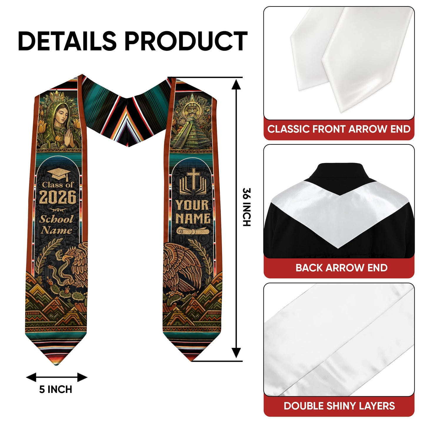 Custom Mexican Graduation Stole 2026 – Virgin Mary Catholic Heritage Sash