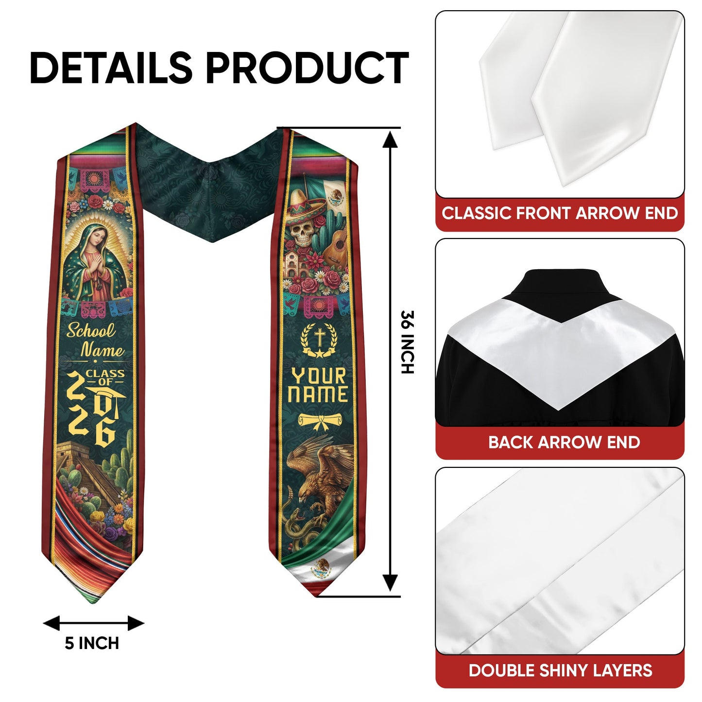 Custom Mexico Graduation Stole 2026 - Sugar Skull, Guitar & Guadalupe Heritage Sash