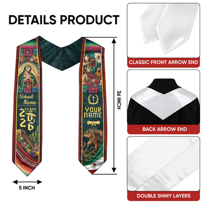 Custom Mexico Graduation Stole 2026 - Sugar Skull, Guitar & Guadalupe Heritage Sash