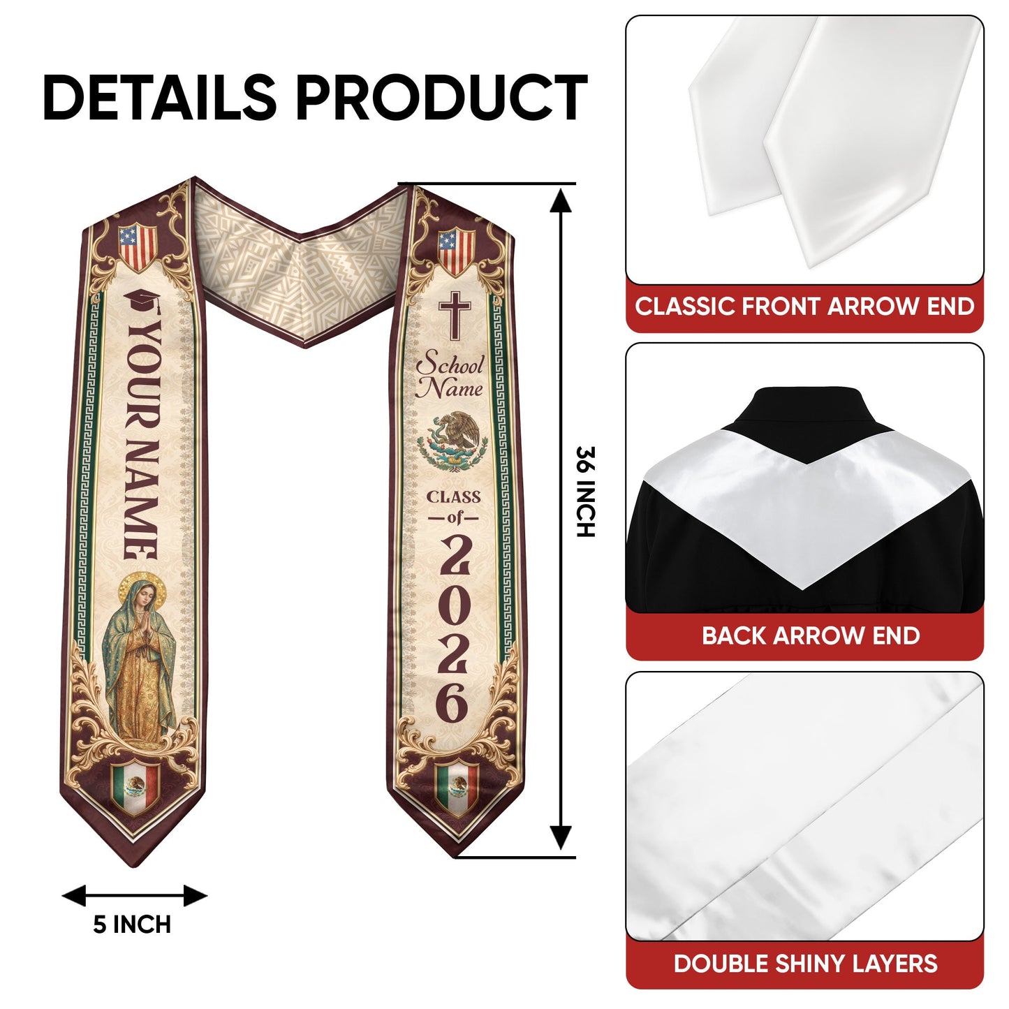 Custom Mexico US Flag Graduation Stole 2026 - Our Lady of Guadalupe Heritage Sash