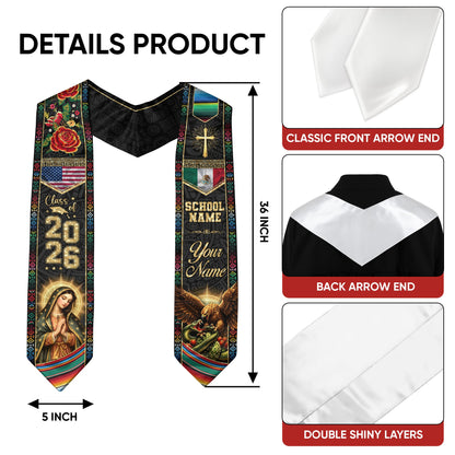 Custom Mexico Graduation Stole 2026 Eagle Snake Virgin Mary Mexican US Flag Serape Sash