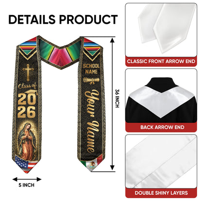 Mexico USA Graduation Stole Class of 2026 - Personalized Serape Heritage Gold Sash