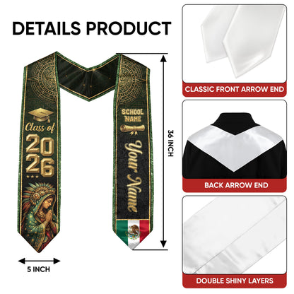 Personalized Mexico Graduation Sash 2026 - Virgin Mary Green Glitter Heritage Stole