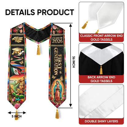 Class of 2026 Mexico Stole First Generation Guadalupe Aztec Eagle Rose Serape Tassel Sash
